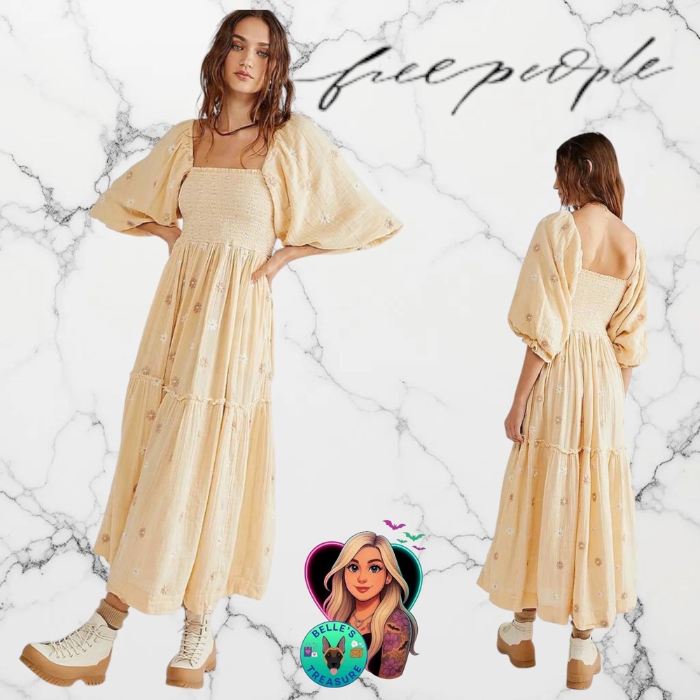 Free People Dahlia Maxi‎ Dress Butter Yellow Boho Embroidered Cottage Womens XS